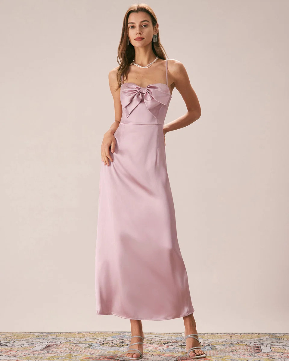 The Pink Bowknot Satin Strap Maxi Dress & Reviews - Pink - Dresses | RIHOAS | rihoas.com