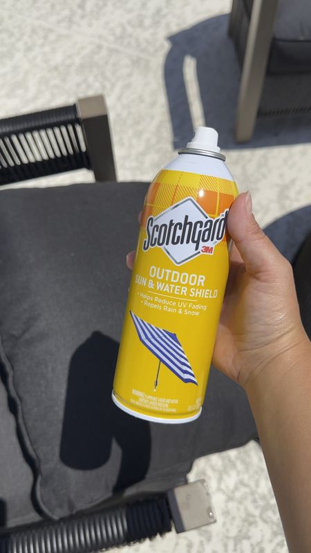 Scotchguard outdoor UV and water shield spray for your patio cushions and outdoor furniture! Water proof your cushions. 

Uv spray, uv protectant, water protectant, water resistant spray, scotch guard water shield spray. 