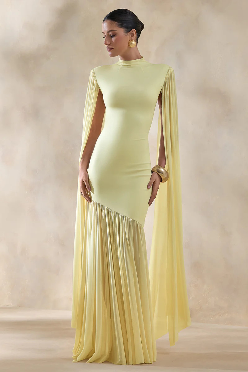 Chantelle  Lemon High-Neck Maxi Dress With Drop-Waist And Cape-Sleeves | Club L London