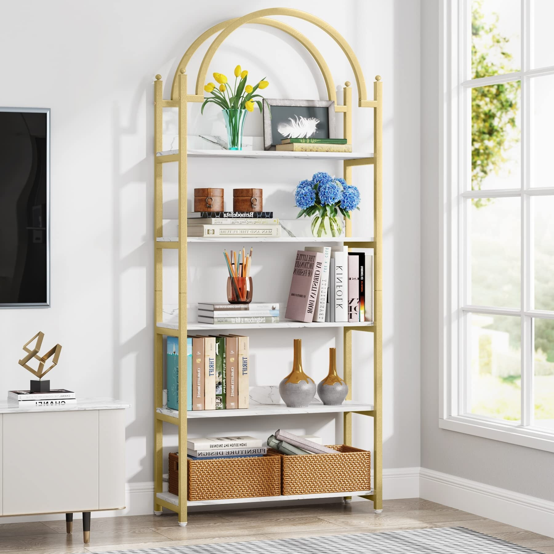 5-Shelf Gold Etagere Bookcase, Modern Metal Open Arched Bookshelf, 72 Inches Tall Gold Shelves - as  | Bed Bath & Beyond