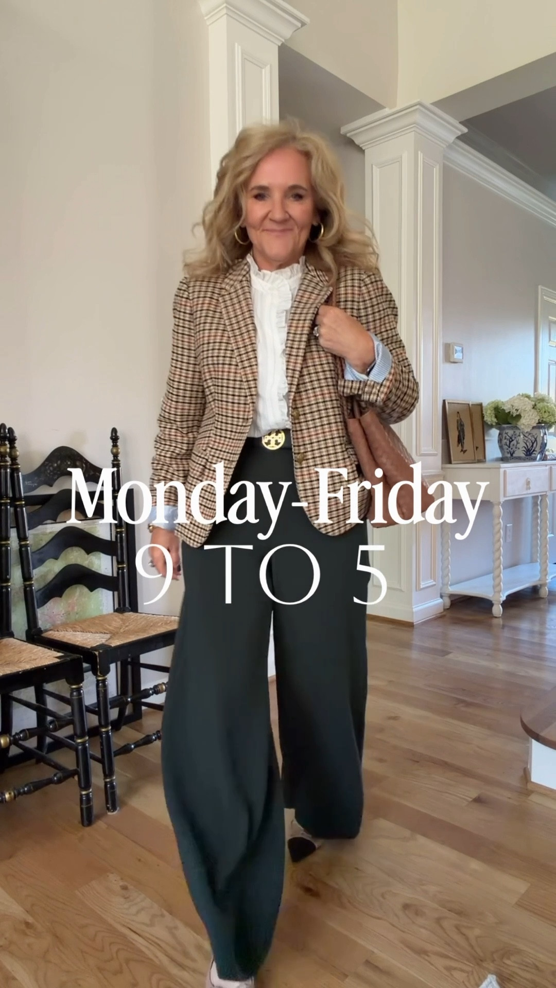 5 office outfits many of these pieces have great sales going on! 
Tweed blazer size 12 
Green trousers size small
Pinstripe ruffle blouse size small
Dress size 8 petite (right in between petite and reg)
Camel coat size 10 petite 
Spanx micro flare size large petite 
White blouse size med
Cardigan size large 
Pinstripe pants size 8 (I need a 10)
Navy blazer 10 petite 
Red Cashmere sweater size large (medium prob better) 
Sweater vest medium petite 
Striped blouse size medium 
Paige anessa jeans size 29 
JCREW boots size up 1/2 
Slingbacks size up 1/2 
@jcrewfactory @target @anntaylor @samedelman 
#LTKWorkwear #LTKSaleAlert #LTKOver40 