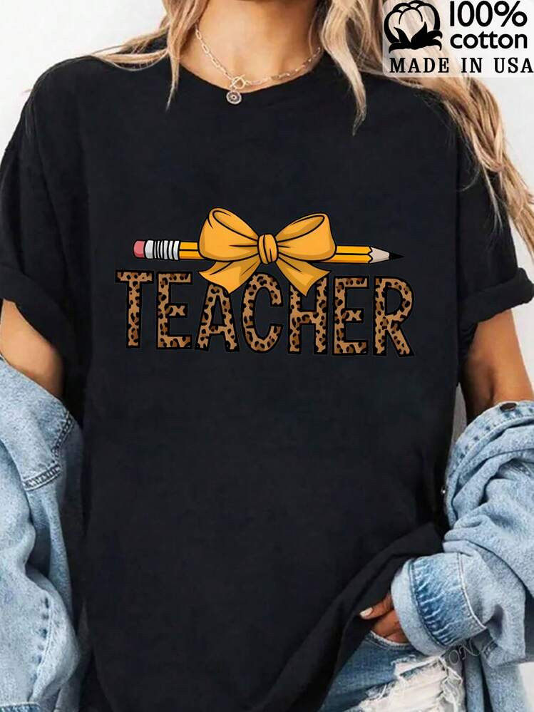 Women's Leopard Teacher Back To School Graphic T-Shirt - Breathable, Comfortable & Stylish, Pure Cotton,Machine Washable, Ideal For Spring & Summer Casual Tops,Playful Graphic Tee, | SHEIN
