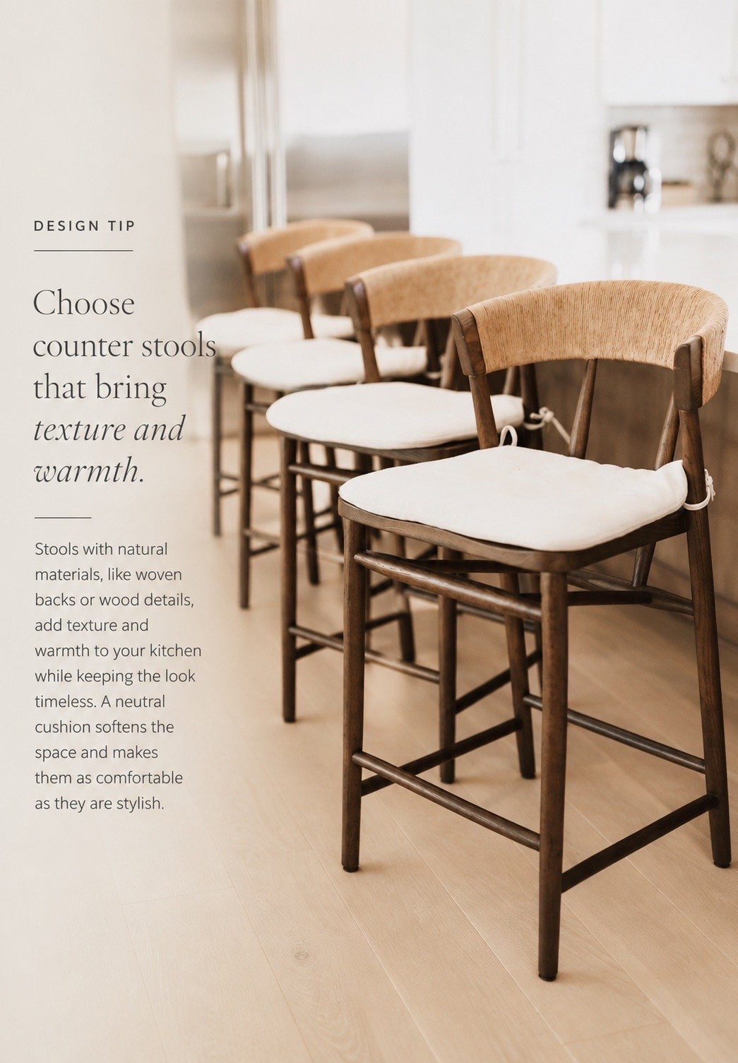 Natural materials make all the difference in a kitchen 🤎 Woven details, warm wood tones, and soft neutral cushions bring texture and warmth to counter stools while keeping the space timeless, comfortable, and beautifully cohesive.

#KitchenDesign #CounterStools #KitchenInspiration #InteriorStyling #HomeDecor

#LTKHome #LTKvlog