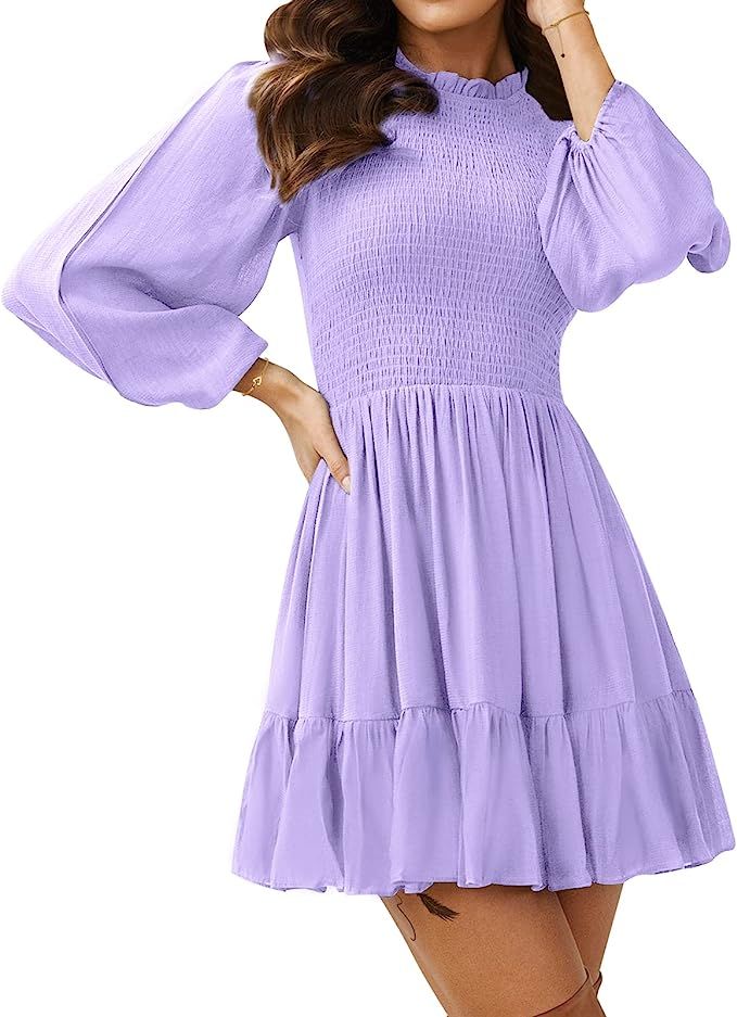 EXLURA Women's Smocked Mini Dress Round Neck Long Puff Sleeve Ruffle Dress Cute Babydoll Casual F... | Amazon (US)