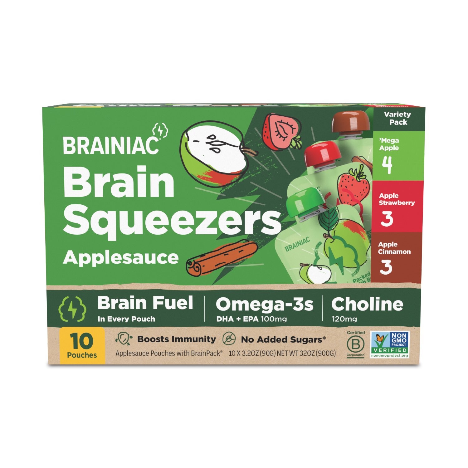 Brainiac Brain Squeezers Applesauce with Omega-3s, Variety Pack, No Sugar Added, 3.2oz, 10 Ct | Walmart (US)