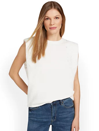 NY & Co Women's Lace-Trim Shoulder-Pad Tee Shirt - Moodie White Size Large Spandex/Cotton | New York & Company