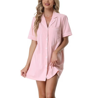 cheibear Women's Notched Collar Thigh Length Button Down Pajama Shirt Dress with Pocket X-Small Pink | Target