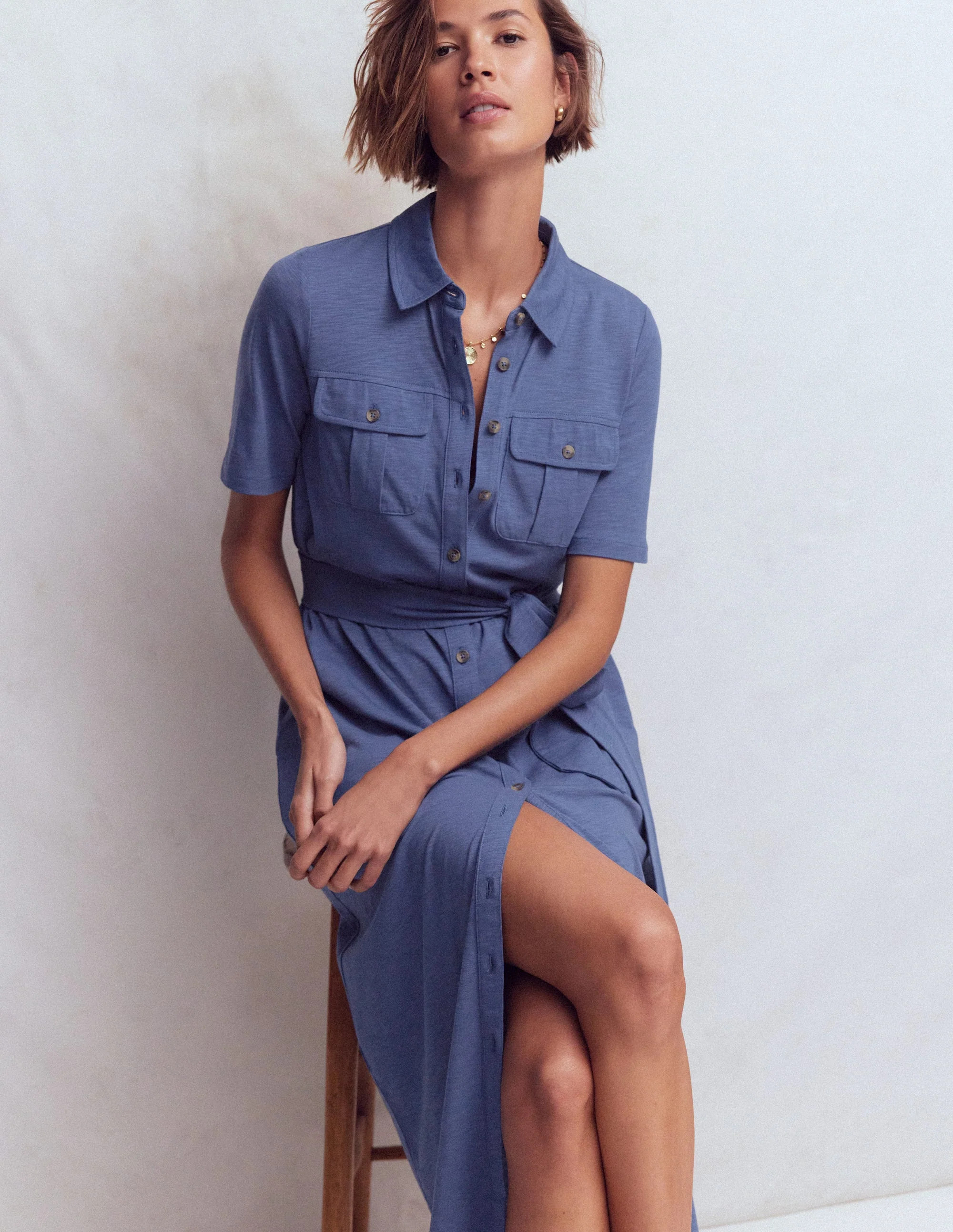 Mavis Midi Jersey Shirt Dress-Denim Blue | Boden (US)