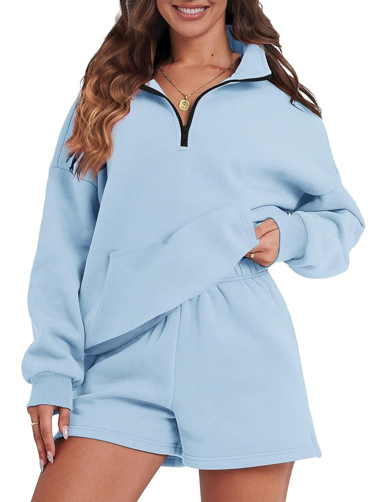 Womens Sweatsuits 2 Piece Outfits Half Zip Sweatshirt Sweat Shorts with Pockets Lounge Sets | Amazon (US)