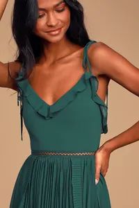 Never a Dull Moment Emerald Green Tie-Strap Pleated Midi Dress | Lulus (US)