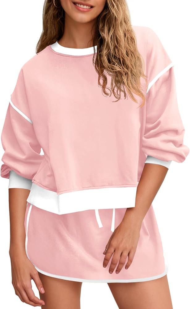 Fisoew Womens Sweatsuits 2 Piece Set Crewneck Sweatshirts High Waisted Skort Skirts Tennis Runnin... | Amazon (US)