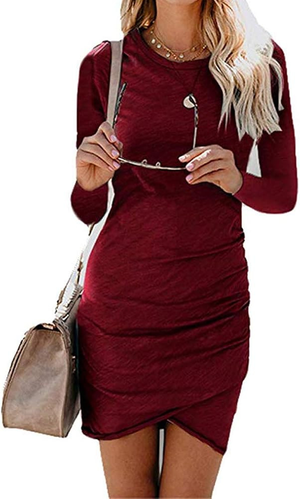 Women’s 2020 Casual Crew Neck Ruched Stretchy Tulip Hem Bodycon Short Mini Dress T Shirt Sheath... | Amazon (US)