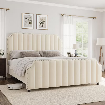 DobleePy King Size Cream Velvet Bed Frame with Headboard, Tufted Nailhead Trim, No Box Spring Needed, Upholstered Platform Bed | Target
