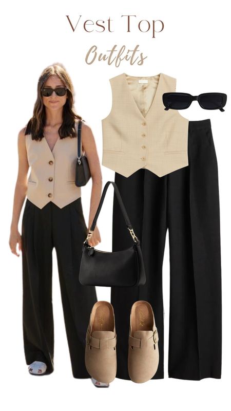 Vest top, black trousers, sunglasses, black bag, vest, waistcoat, beige waistcoat 

#LTKfindsunder50 #LTKstyletip #LTKworkwear