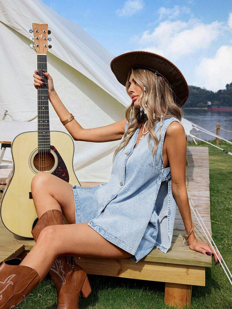 Breezaya Women's V-Neck Single Breasted Side Hollow Sleeveless Denim Shirt | SHEIN