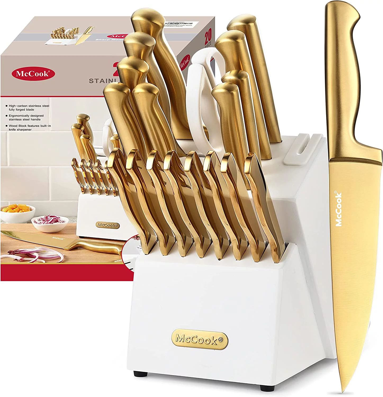 Beautiful McCook MC69G Kitchen Knife Sets With White Block,20 Pieces Luxury Golden Titanium Knife... | Walmart (US)