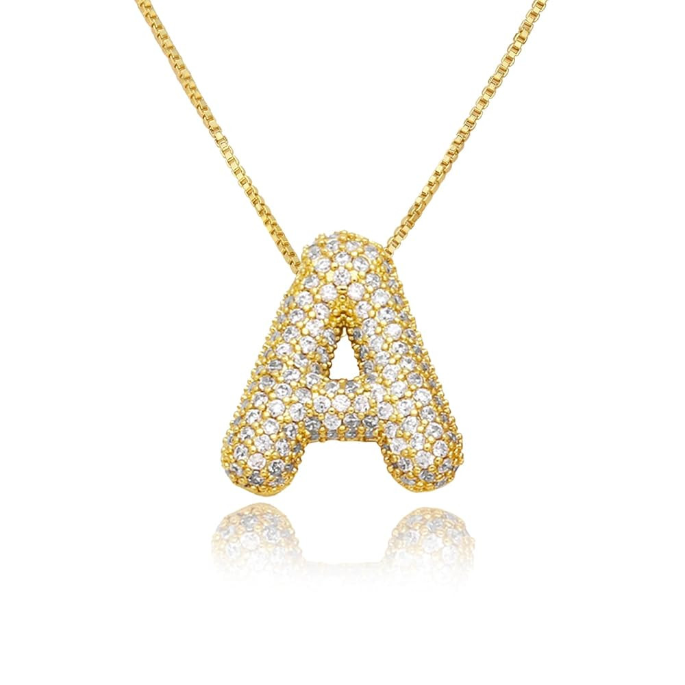 18K Bubble Letter Necklace Gold for Women, Initial Necklaces Rhinestone Chunky Bubble Letter Neck... | Amazon (US)