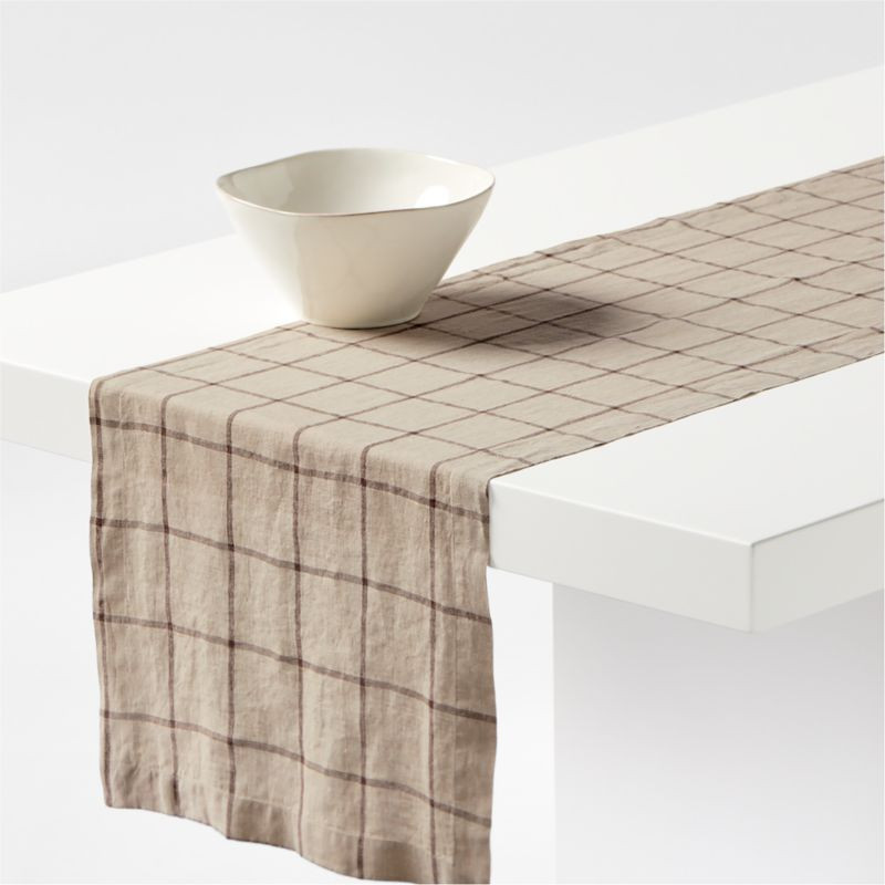 Marin 120" Natural and Earth Brown EUROPEAN FLAX -Certified Linen Windowpane Plaid Runner + Revie... | Crate & Barrel