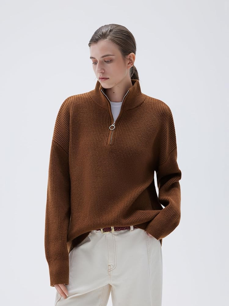 SUUKSESS Women Cashmere Oversized Quarter Zip Pullover Sweater Long Sleeve Collared Ribbed Knit J... | Amazon (US)
