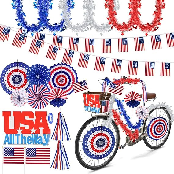 MOVINPE Patriotic Bike Decor Set 4th of July Bicycle Decorations USA All The Way Sign Hanging Pap... | Amazon (US)