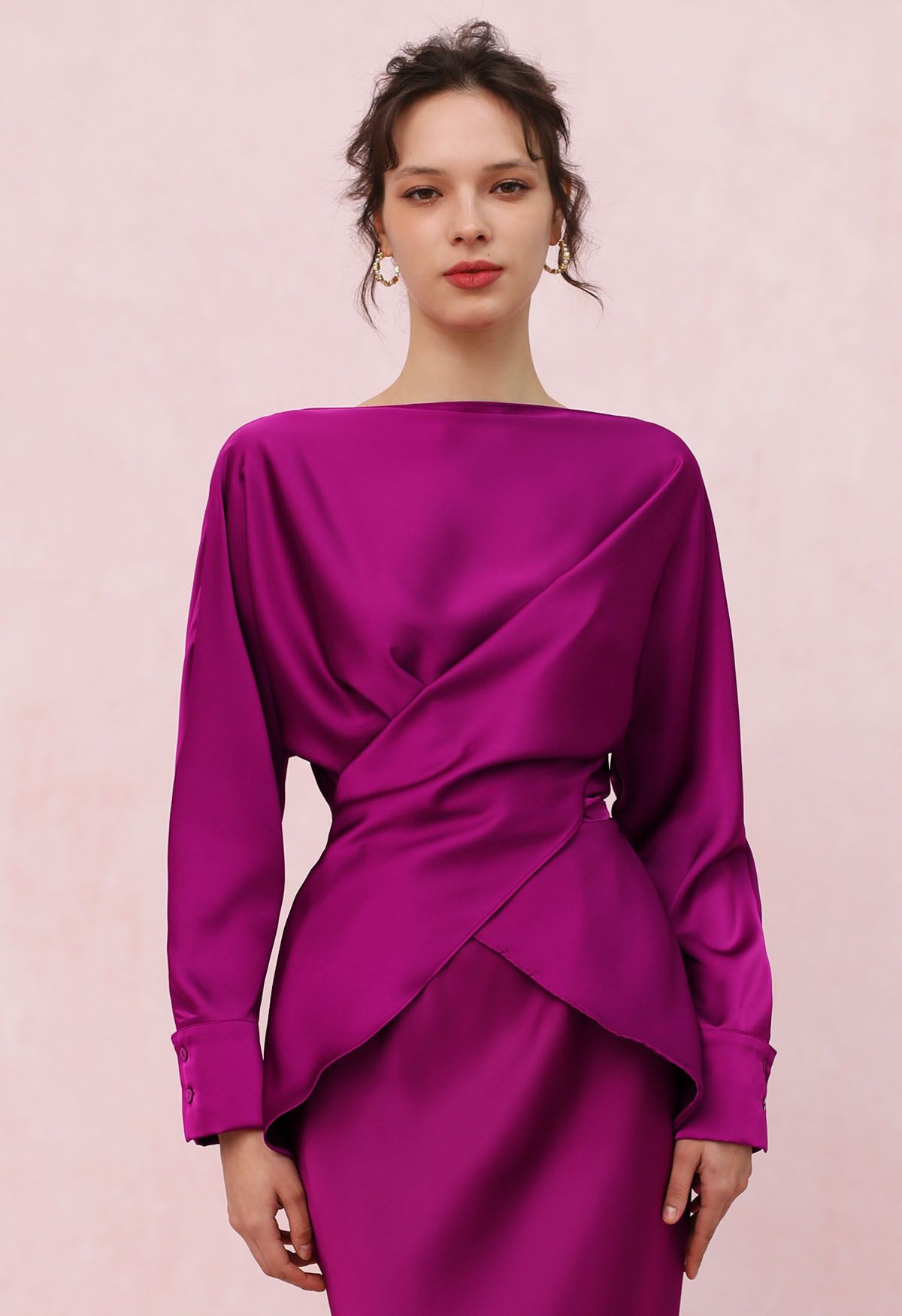 Boat Neck Crisscross Waist Satin Top in Magenta | Chicwish