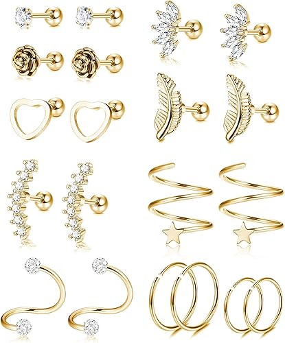 YADOCA 10 Pairs 16G Stainless Steel Ear Cartilage Earrings Tragus Helix Barbell Heart Flower Feat... | Amazon (US)