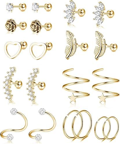 YADOCA 10 Pairs 16G Stainless Steel Ear Cartilage Earrings Tragus Helix Barbell Heart Flower Feat... | Amazon (US)
