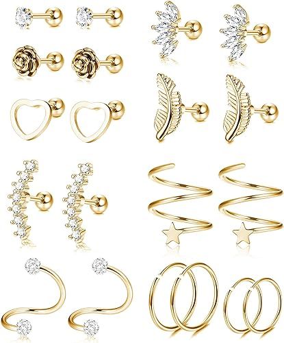 YADOCA 10 Pairs 16G Stainless Steel Ear Cartilage Earrings Tragus Helix Barbell Heart Flower Feat... | Amazon (US)
