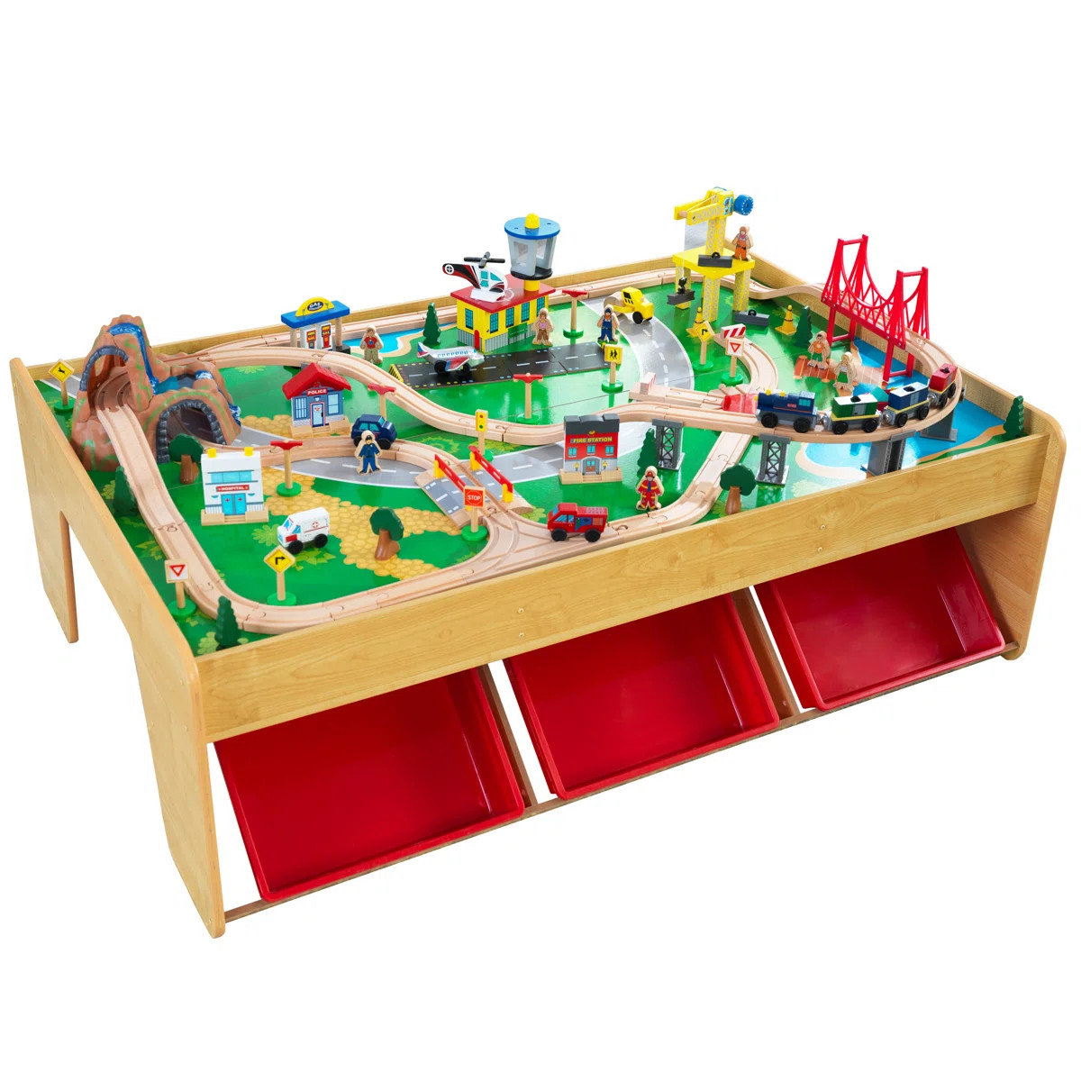 Waterfall Mountain Wooden Train Set & Table With 120 Pieces, 3 Storage Bins | Wayfair North America
