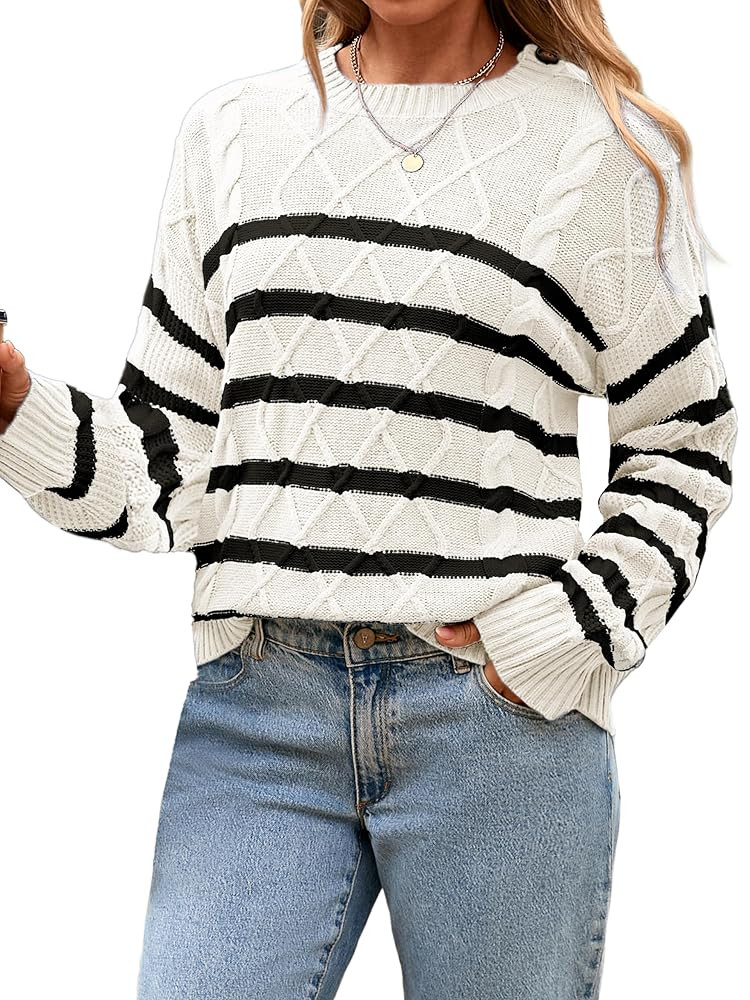 Glamaker Womens Striped Cable Knit Sweater Long Sleeve Crewneck Fall Pullover 2025 Trendy Winter ... | Amazon (US)