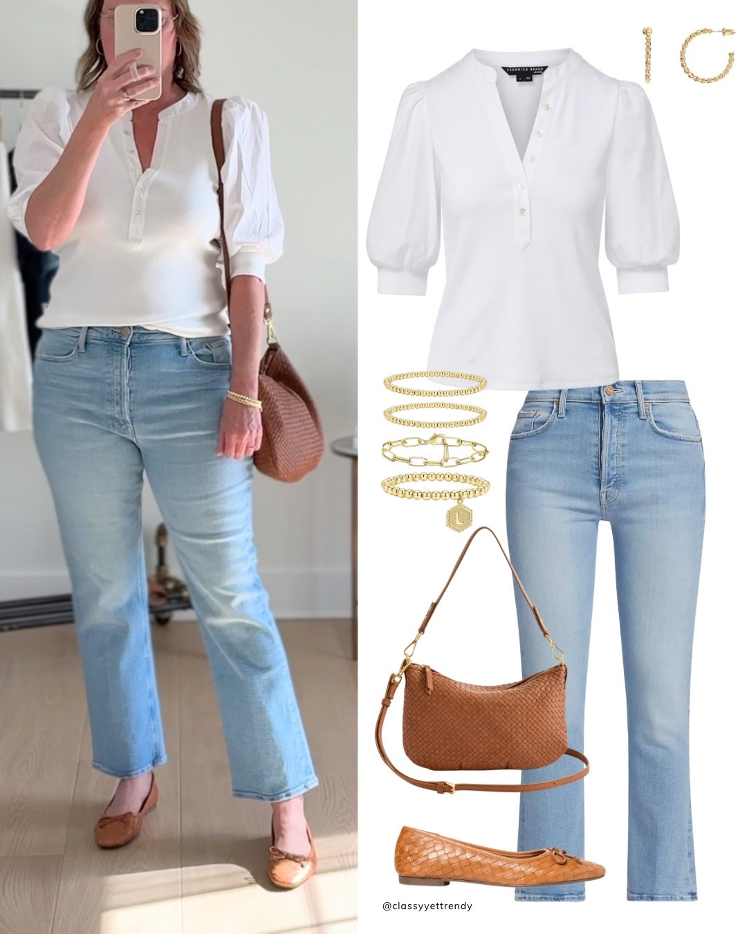 Outfit of the day from my spring capsule wardrobe 🌷 puff sleeve Henley top, light wash crop flare jeans, cognac woven ballet flats, handwoven leather bag. 

#LTKMidsize