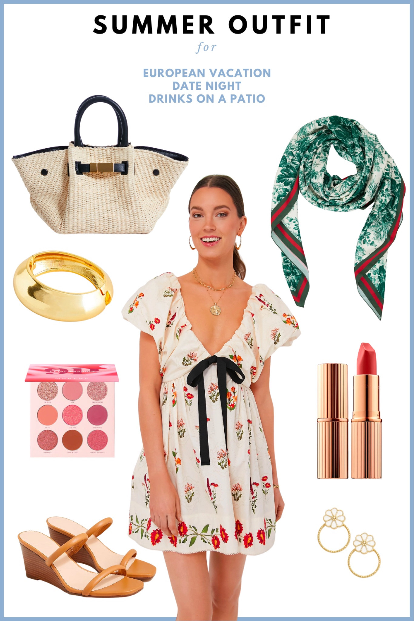 Summer outfit 2023 // vacation dress, special occasion outfit, date night outfit // floral mini dress, woven handbag, cuff bracelet, scarf wrap, wedge sandal, gold earrings, charlotte tilbury matte lipstick, eyeshadow palette 

#LTKunder100 #LTKSeasonal #LTKwedding