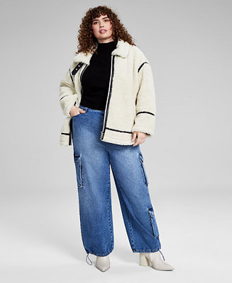 Trendy Plus Size Sherpa Fleece Jacket, Mock Neck Sweater & Bungee-Cuff Cargo Jeans, Created for M... | Macy's