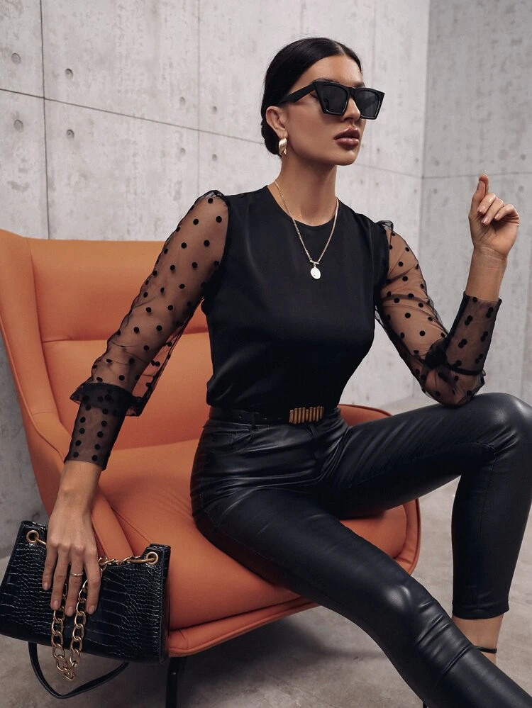 Dobby Mesh Panel Blouse | SHEIN