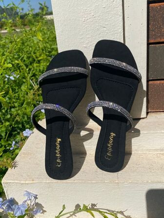 Sandália Rasteira Feminina Tiras Pedraria Strass Rasteirinha Confortável Brilho | SHEIN