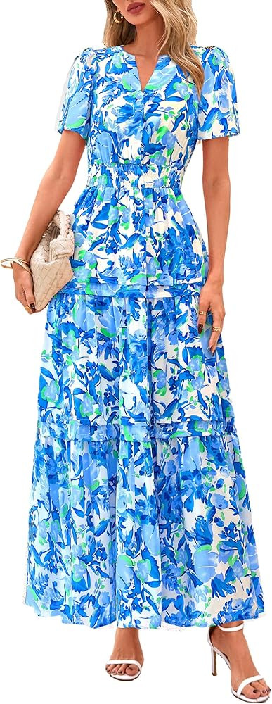 PRETTYGARDEN Women's 2025 Summer Boho Maxi Dresses Floral Short Sleeve V Neck A Line Tiered Flowy... | Amazon (US)
