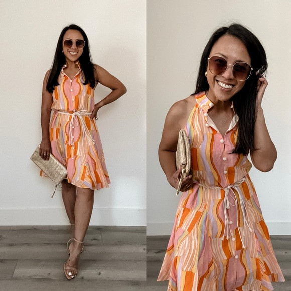 Orange Abstract Belted Mini Dress (M) | Poshmark