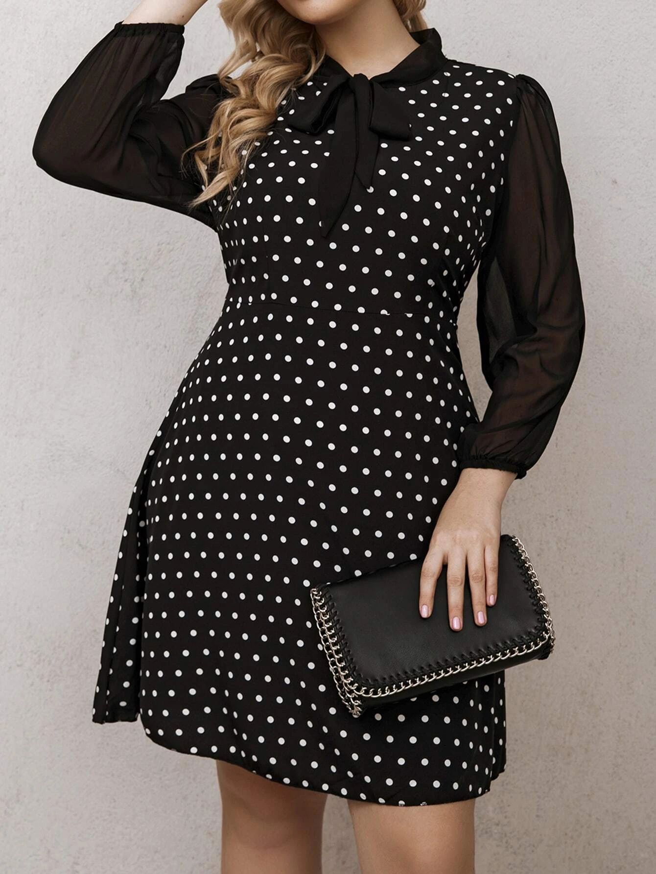 SHEIN LUNE Plus Polka Dot Tie Neck Puff Sleeve A-line Dress | SHEIN