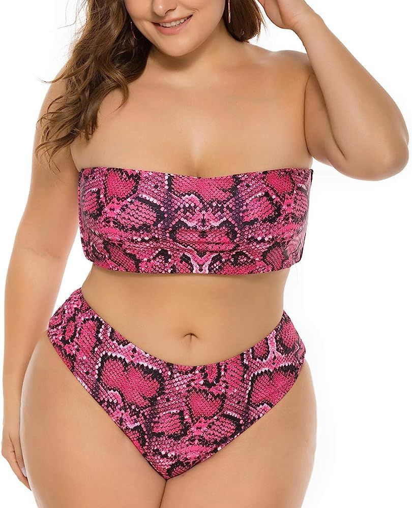 Women Plus Size Bikini Sets Two Piece Snake Print Swimsuits High Cut Bandeau Ladies Swimwear Bath... | Amazon (US)