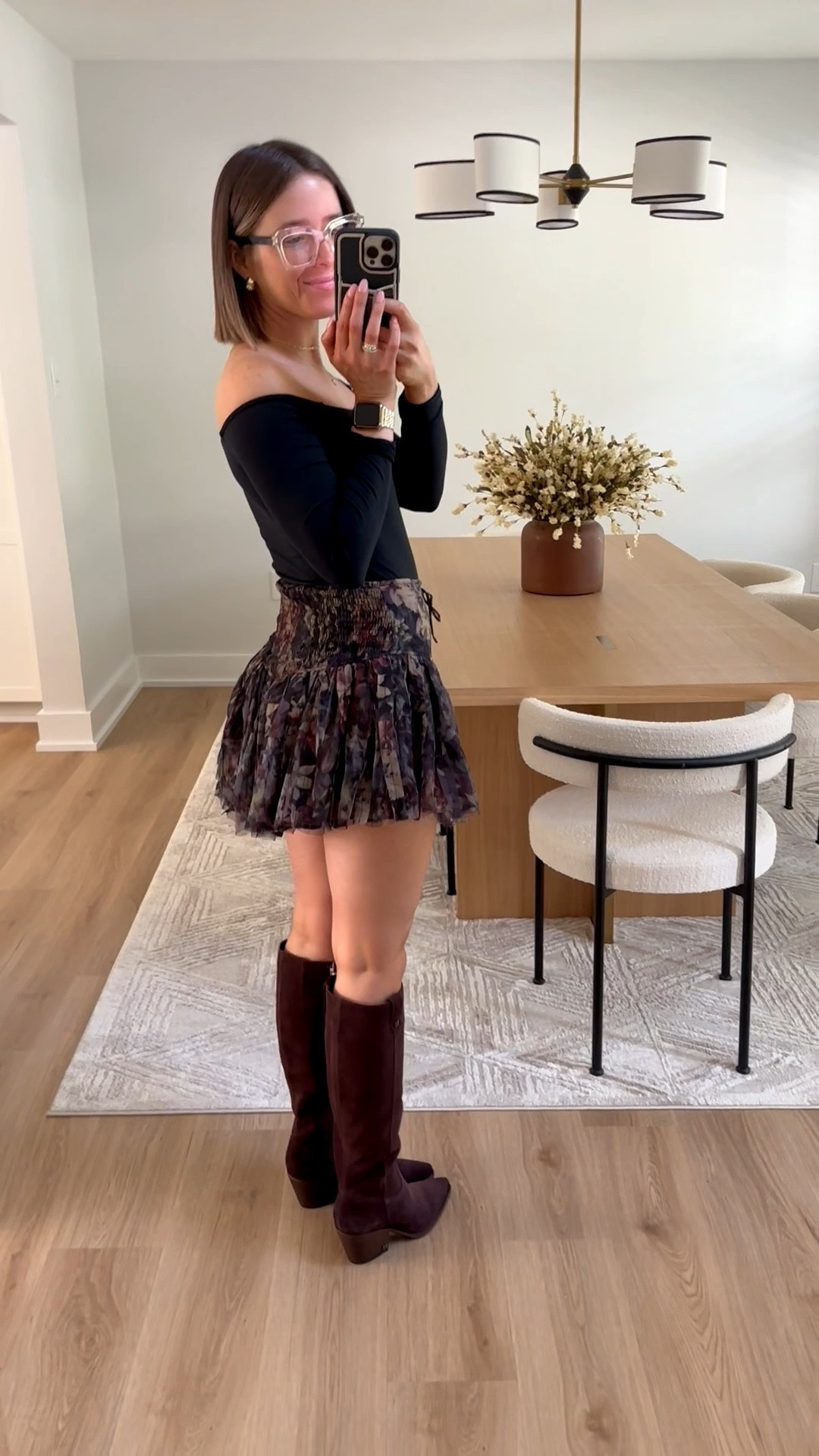 Nuuds black off the shoulder bodysuit size small tts. Vici moody floral tulle mini skort (built in boy shorts) size small tts but if in between, probably size down. Sam Edelman dark brown cafe noir knee high boots size 7 tts.

N sale, Nordstrom anniversary sale, knee high boots, chocolate brown, brown boots, western boots, suede boots, fall outfit, mini skort, mini skirt, bodysuit, autumn, autumn outfit, transitional outfit 


#LTKxVICI #LTKautumn #LTKSaleAlert