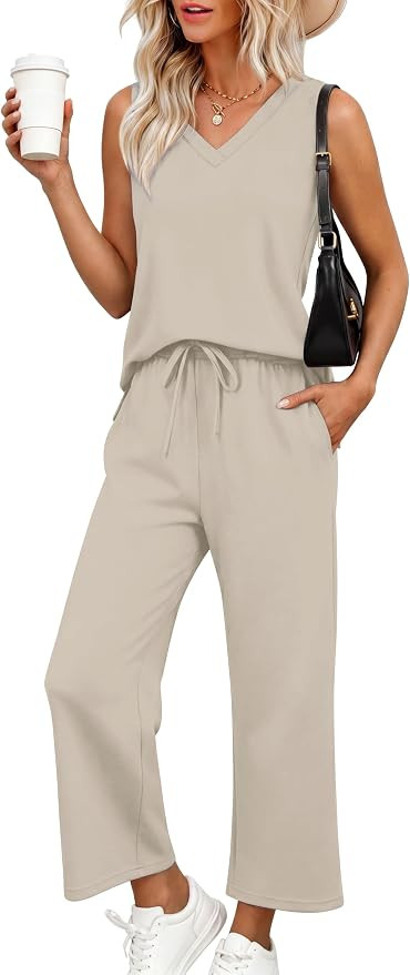 XIEERDUO Two Piece Sets for Women Summer Vacation Travel Outfits V Neck Lounge Matching Sets | Amazon (US)