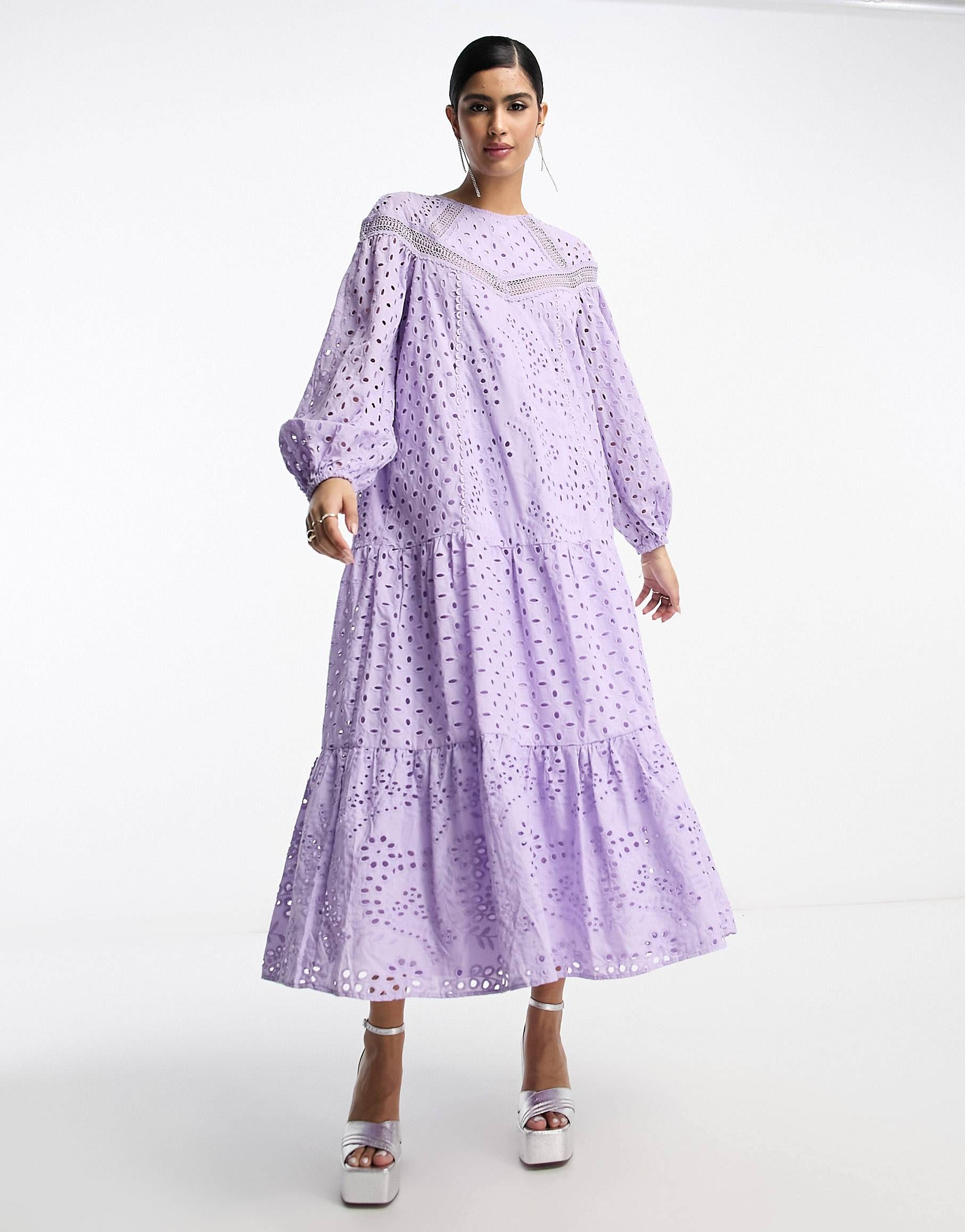 ASOS DESIGN eyelet maxi dress with lace inserts in lilac | ASOS (Global)