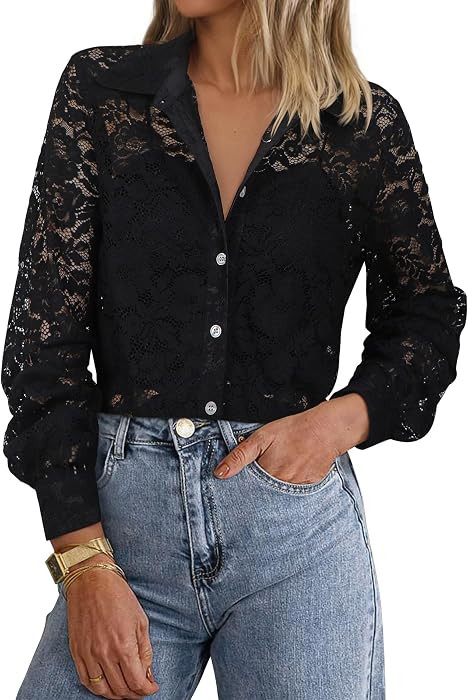 Angashion Women Dressy Casual Tops Long Sleeve Lace Button Up Shirts V Neck Trendy Tunic Loose Blouses | Amazon (US)