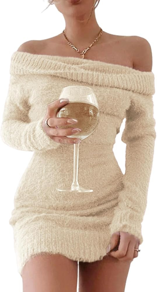 FAIRY SEASON Women's 2025 Off The Shoulder Sweater Mini Dress Long Sleeve Ribbed Bodycon Pullover... | Amazon (US)