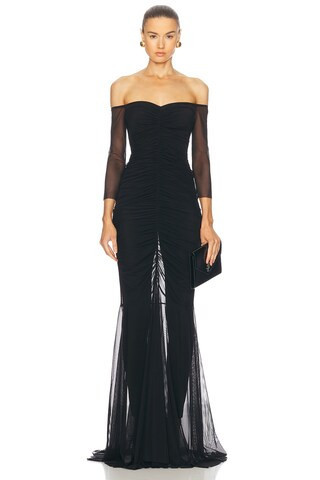 Norma Kamali Off Shoulder Shirred Front Fishtail Gown in Black - Black. Size XS (also in ). | FWRD 
