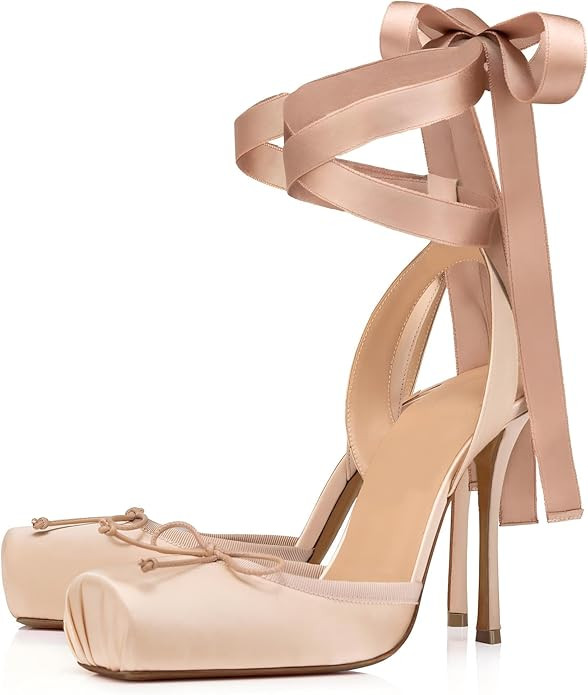 Ballerina Heels for Women Satin Ballet Heel Square Toe Bow Ballerina Heels Bow Lace Up High Heel ... | Amazon (US)