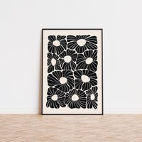 Modern Large Black Flowers Art Print, Neutral Beige Abstract Floral Wall Poster, Bold Chunky Botanical Minimal Aesthetic Bohemian Home Decor | Etsy (US)