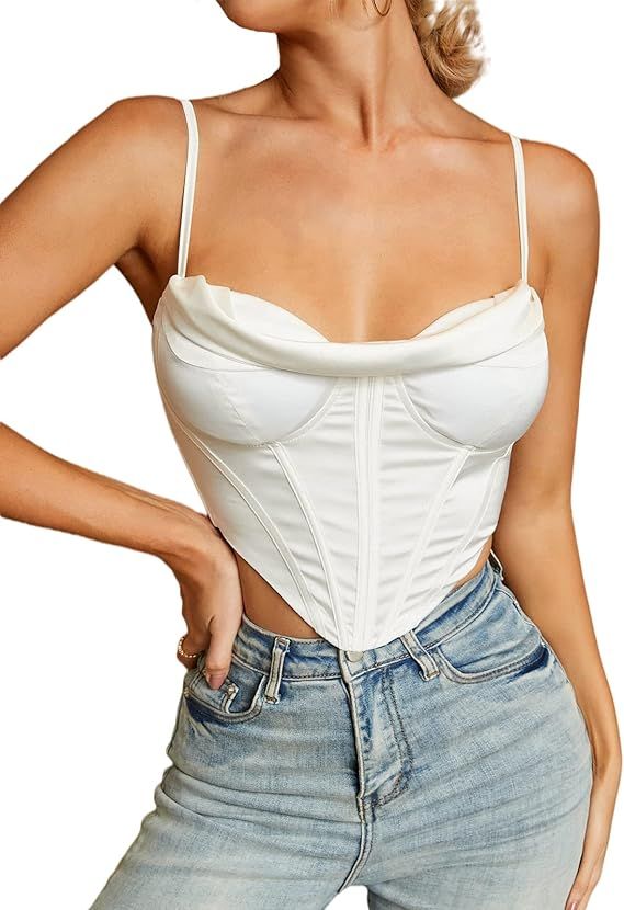 Satin Spaghetti Strap Party Crop Top Rave Cute Zip Back Outfits Corset Y2K Fashion Bustiers for W... | Amazon (US)