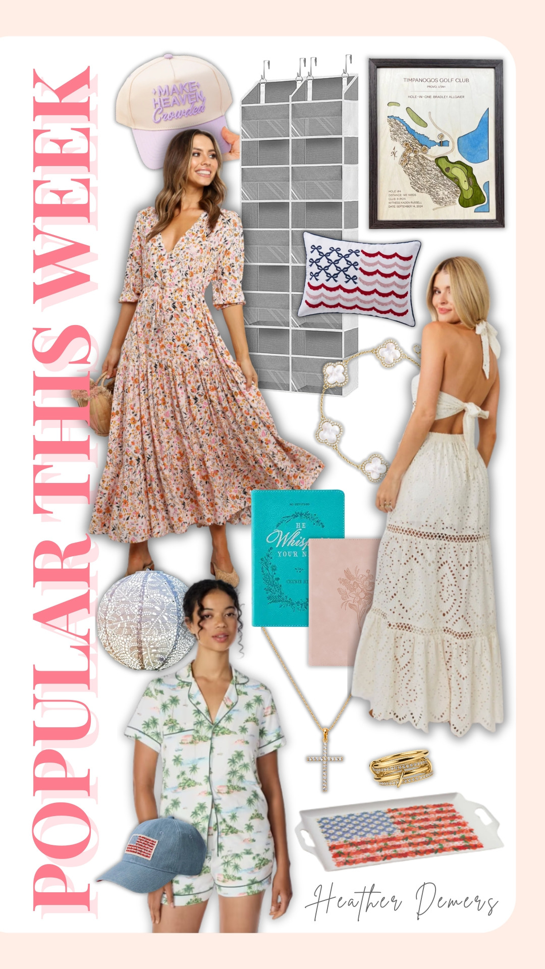 Popular picks this week! ✨ 

Baseball Hats 🧢 (Kenz Kustomz Code HEATHER10)

My new over the door organizer from Amazon! 👛 

This cute Golf Course Gift I found on Etsy! ⛳️ 

Bow American Flag pillow from Walmart! 🇺🇸 

Dress (from Petal & Pup Code: HEATHER20) 👗 and White skirt & halter top outfit (from Kittenish: Code CMA15 might still work)! 🤞🏻

Jewelry from Electric Picks! ⚡️ (Code HEATHER20). I always get questions on the 3 pieces I linked! 🥰

Monstera Leaf Solar Lantern that my Momma sent me! 🌱 

PAJAMAS from Walmart that are SO SOFT & come in lots of fun prints! Under $15 for the set. 👏🏻 

+ My Flag serving tray that I just ordered! Perf for the 4th coming up! 🎆

#LTKSeasonal #LTKHome