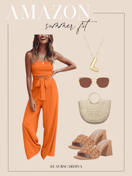 Amazon summer fit! Pair this orange strapless jumpsuit with a gold initial necklace, Ray Ban sunglasses, a straw tote, and natural heeled sandals.

Ootd, resort wear, date night, summer outfit, vacation style, amazon fashion 

#LTKshoecrush #LTKfindsunder50 #LTKstyletip